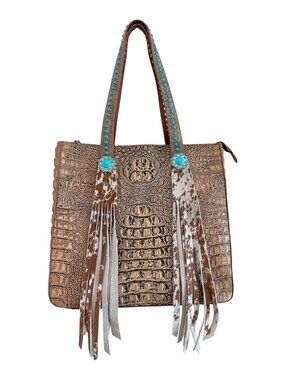 Raviani Croc Embossed Fringe Hobo Tote Bag, Southwestern Boho